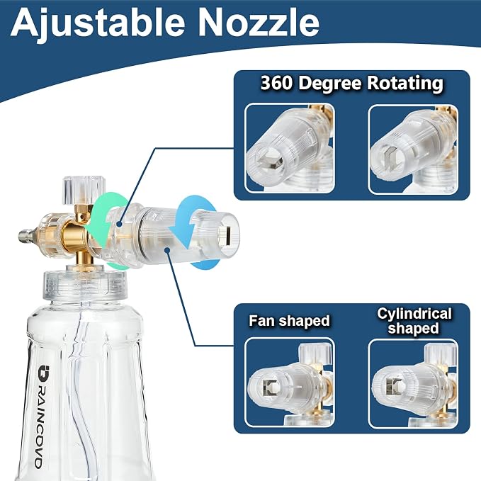 Raincovo Foam Cannon for Pressure Washer, Snow Clear Foam Cannon for Car Wash, Stainless Steel Filter, Adjustable Nozzle with M22 and 1/4 Inch Quick Connect, Additional 1.1 mm Orifice Nozzle