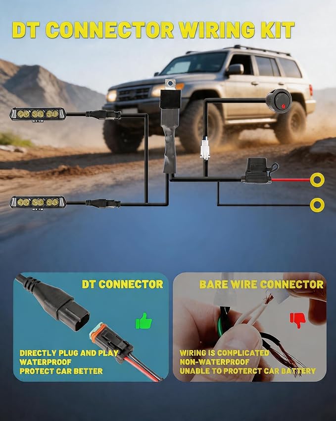 7" Side Shooter LED Light Bar 156W 200° Spot Flood Combo 2PCS | 2PCS 156W 15,600LM LED Back Up Driving Light with 200° panoramic view, spot-flood combo, waterproof, plug-and-play DT harness