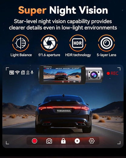 4K Dash Cam Front and Rear, Full HD 3 Channel Dashcam, Free 128GB Memory Card, Built-in 5.8GHz WiFi Built-in GPS, Collision Sensor, Night Vision, 3.16" IPS, 24H Parking Mode（Black）