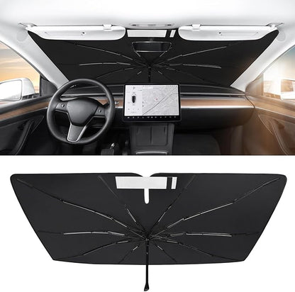 BASENOR 2017-2026 Tesla Model Y Model 3 Windshield Sunshade Umbrell [Nano Ice Crystal Particle] Front Window Shade, Coating 100% Heat Protection Retractable Sunshades