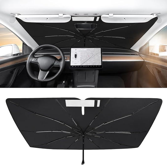 BASENOR 2017-2026 Tesla Model Y Model 3 Windshield Sunshade Umbrell [Nano Ice Crystal Particle] Front Window Shade, Coating 100% Heat Protection Retractable Sunshades