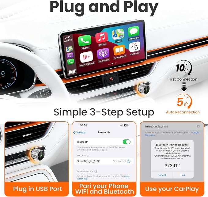Wireless CarPlay Adapter for iPhone - Plug and Play, Converts Wired to Wireless, Stable Connection Without Delay, Compatible with iOS 10+ & 800+ Car Models, Not for Android 2025 (Silver)