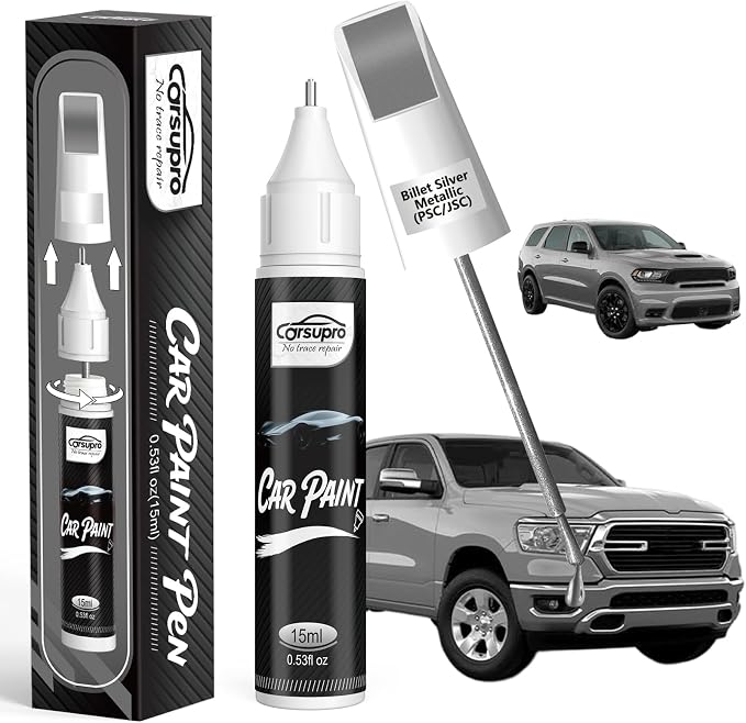 Billet Silver Metallic(PSC/JSC) for Ram Touch Up Paint Pen, 2 in 1 Car Scratch Remover with Pen Tip and Brush, Precise Color Match for Car Paint Scratch Repair, Quickly and Easily Fix Chips and Nicks