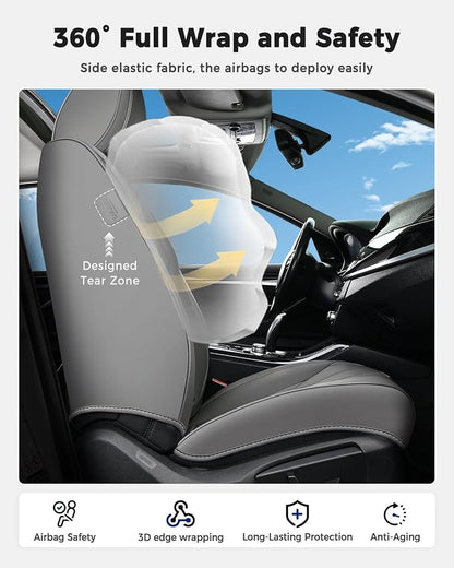 Huidasource Seat Covers Full Set, Universal Fit for Most Cars SUVs Trucks, Full Coverage Waterproof Leather Car Seat Cover, Airbag, Cupholder Compatible, Seat Function Retain, Velcro Adjustable, Gray