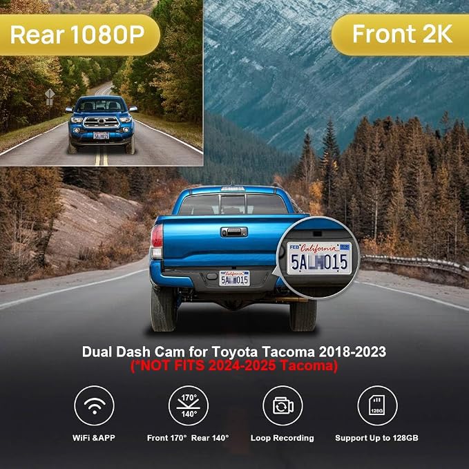 Fitcamx Front 2K and Rear 1080P Dash Cam Adapts for Toyota Tacoma 2018 2019 2020 2021 2022 2023 Limited SR5 SR TRD Sport Off-Road Pro, OEM Look, Dual HD Video WiFi, Loop Recording G-Sensor, 64GB Card