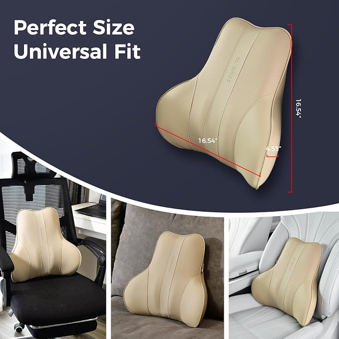 Coverado Lumbar Support Pillow for Car, Ergonomic Memory Foam Back Pillow for Office Chair, Back Cushion for Back Pain Relief, PU Leather Car Lumbar Support for Driving Seat - Beige