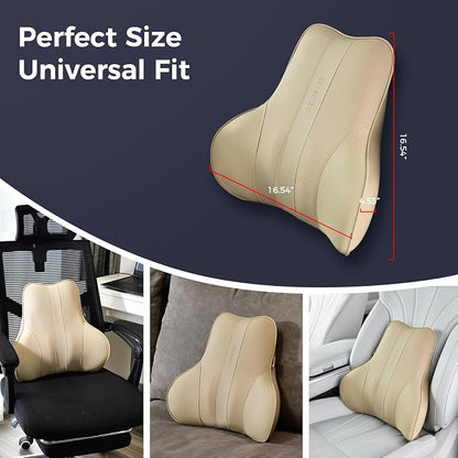 Coverado Lumbar Support Pillow for Car, Ergonomic Memory Foam Back Pillow for Office Chair, Back Cushion for Back Pain Relief, PU Leather Car Lumbar Support for Driving Seat - Beige