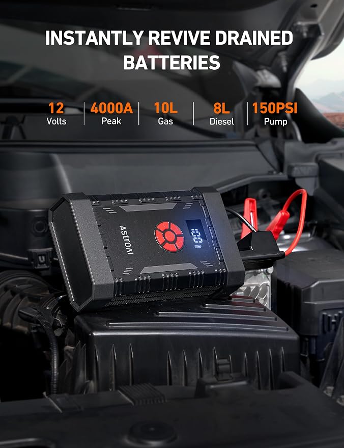 AstroAl A30 Jump Starter with Air Compressor, 4000A &150PSI Portable Car Battery Jump Starter (10.0 Gas/8.0LDiesel) with Tire Inflator, 12V Battery Charger, 18W Quick Charge, Jumper Cables, Lights