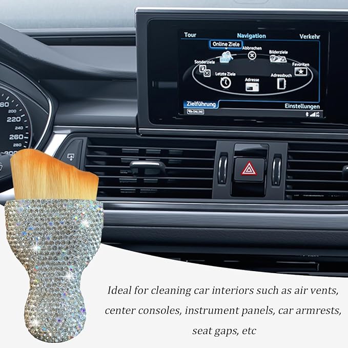 Bling Car Interior Dust Brush, Crystal Rhinestone Soft Auto Detailing Cleaning Brush, Sparkling Diamond Vehicle Dashboard Air Vent Cleaner for Women Girls, Universal for Vehicles (White)
