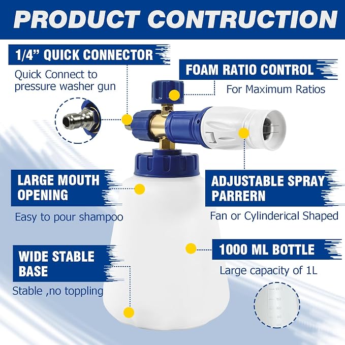 ESP 1L Car Wash Foam Cannon, HDPE Bottle, Silicone Straw with Filter, Stable Foam Output, Stainless Steel Quick Connect for Car, Bike, Boat & Outdoor Cleaning