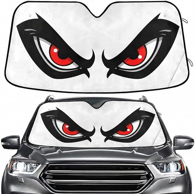 Windshield Sun Shade Cartoon Angry Red Eyes Front Window Block UV Shades Visor Reflective Retractable for Car SUV Trucks