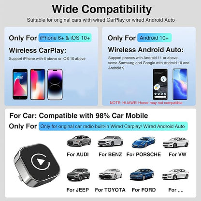 PWireless Wireless CarPlay Adapter & Android Auto Dongle 2026 Upgraded, Fast Auto-Connect, Stable Connection, Mini Size Plug & Play Adapter for iPhone & Android Auto Compatible Cars (Black)