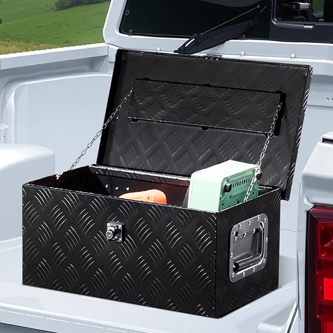 VEVOR Heavy Duty Aluminum Truck Bed Tool Box, Stripes Plated Tool Box with Side Handle and Lock Keys, Storage Toolbox Chest Organizer for Trailer, Pickup, Truck Bed, RV, 20"x12"x9.5", Black