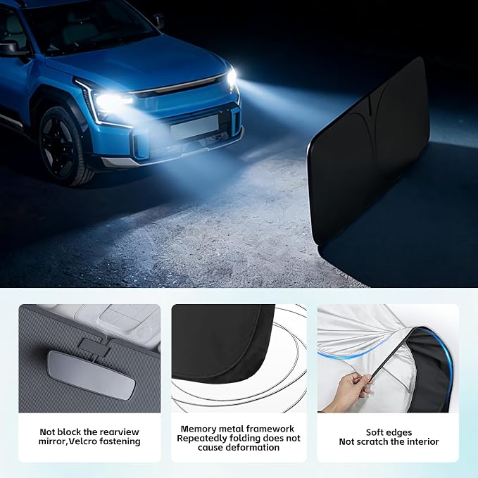 Windshield Sun Shade for Kia EV9 2024-2026 Sunshade 300T Windshield Cover Shield Protector Blocks UV Rays Custom Fit EV9 Front Window Shades Windshield Accessories Keep Cool Foldable