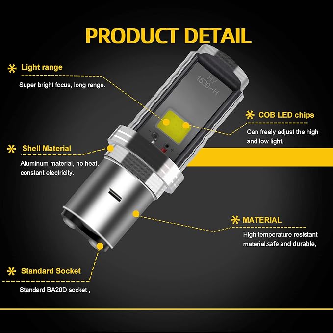 YM E-Bright 2-Pack 900 Lumens White BA20D COB 12W Led Bulb for Motorcycle BA20D lights High Low Beam