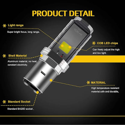 YM E-Bright 2-Pack 900 Lumens White BA20D COB 12W Led Bulb for Motorcycle BA20D lights High Low Beam