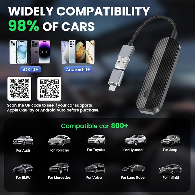 2-in-1 Wireless CarPlay & Android Auto Adapter Convert Wired to Wireless Instantly-Plug & Play for iPhone & Android,No Delay,Compact Design for iPhone & with USB/USB-C Port