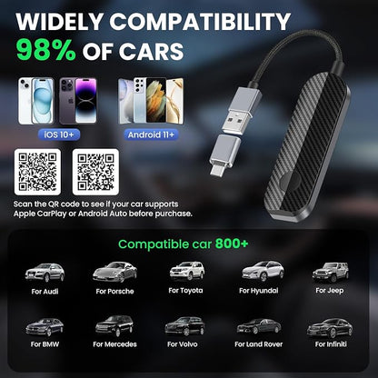 2-in-1 Wireless CarPlay & Android Auto Adapter Convert Wired to Wireless Instantly-Plug & Play for iPhone & Android,No Delay,Compact Design for iPhone & with USB/USB-C Port