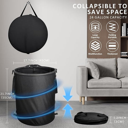 24 Gallons Collapsible Trash Can with Gloves, Camping Trash Can with Lid, Pop Up Garbage Can for Outdoor, Large Capacity Leaf Bags for Yard, Lawn, Reusable Garden Garbage Bag - Black