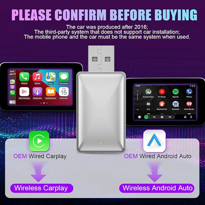 2 in 1 Wireless CarPlay Adapter & Android Auto Adapter Converts Factory Wired CarPlay to Wireless Dongle for OEM Cars from 2016,iPhone iOS 10+/Android 11+(Silver Gray) (Grey)