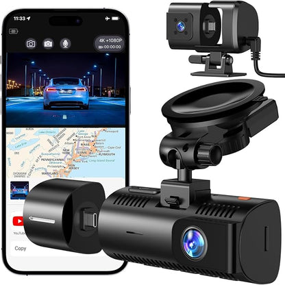 4K Dash Cam Front and Rear/Inside, Car Mount Dash Camera with 5G Wi-Fi, GPS, 3" IPS Screen, 64GB SD Card Included, Night Vision, G-Sensor, 24H Parking Mode, Loop Recording, APP Control, Black