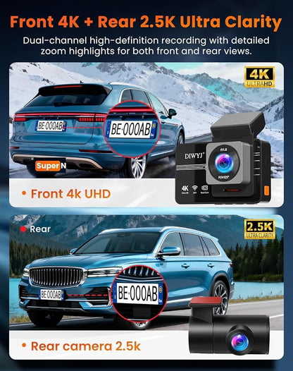 Dash Cam Front and Rear 4K + 2.5K: Dual Channel Car Camera with 5GHz WiFi, 3" IPS, APP Control, Night Vision, G-Sensor, Loop Recording, 24H Parking Mode, Wide Angle, Includes 64GB Card（S7）