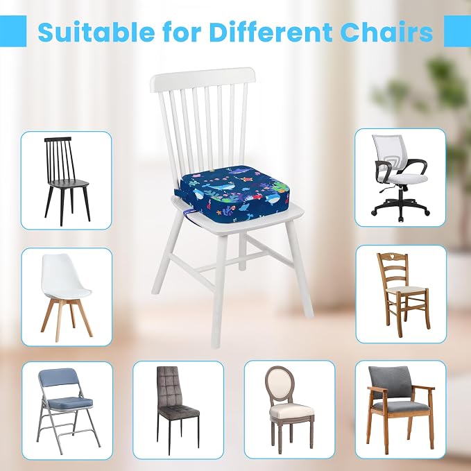 Toddler Booster Seat for Dining Table, 4" Kids Booster Seat for Kitchen Chair with Non-Slip Bottom, Portable Detachable Washable Increasing Cushion with 2 Adjustable Straps (Marine Animals)