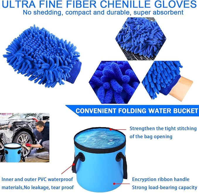 Car Wash Kit with Foam Gun, Bucket and Cleaning Tool, Car Washing Kit | Includes Wash Mitt Tire Brush Sponge Towels Brush Car Cleaning Kit for Interior and Exterior Cleaning, Home or Travel Use
