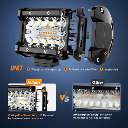 Nilight Amber White LED Pod Lights 4 Inch 6 Modes with Memory Function,Constant / Flash Off Road Driving Lights with Wiring Harness, Spot Flood Combo Beam Auxiliary Lights for Truck Jeep SUV ATV UTV