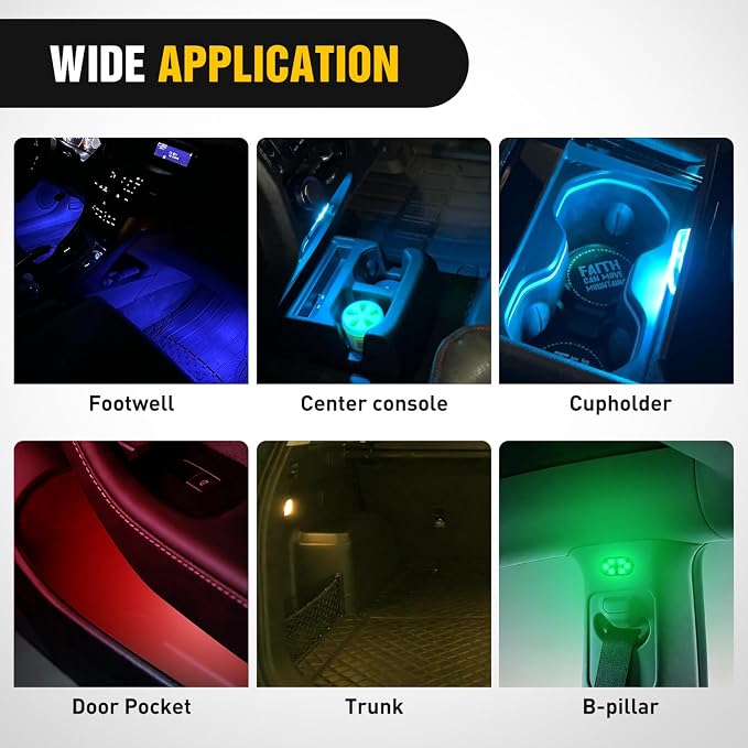 Nilight Wireless Magnetic RGB LED Interior Lights, 4 PCS 7 Colors USB Rechargeable Universal Mini Sticky Footwell Ambient Atmosphere Reading Lamp with Touch Sensor, Portable Night Lighting for Car