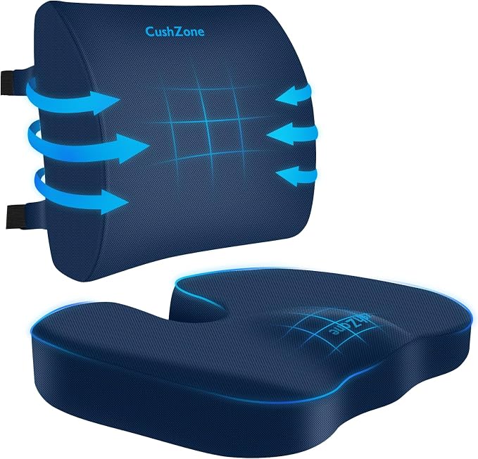 CushZone Seat Cushion, Lumbar Support Pillow with Adjustable Strap-Chair Cushions for Sciatica Pain Relief-with Washable Cover Memory Foam for Car, Travel and Wheelchair-Blue X-Large