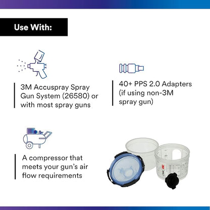 3M PPS 2.0 Spray Gun Cup, Lids and Liners Kit, 26314, Mini, 6 Ounces, 125-Micron Filter, Use for Cars, Furniture, House and More, 1 Paint Cup, 50 Disposable Lids and Liners, 32 Sealing Plugs