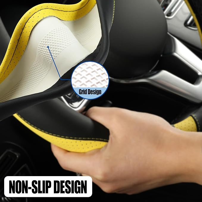 Microfiber Leather Steering Wheel Cover Large for Ford F150 F250 F350 RAM 4Runner Tacoma Tundra Range Rover Model X Model S, Breathable, Anti Slip, 15.5 inch to 16 inch, Black with Yellow