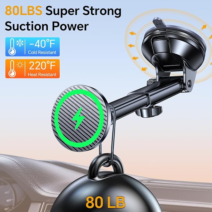 Coolpow for MagSafe Car Mount Charger【Ultra Magnet】 Magnetic Phone Holders for Your Car Charger【Windshield+Vent+Dash】 Magnetic Wireless Car Phone Holder Charger Car Mount for iPhone 17 (Carbon Fiber)