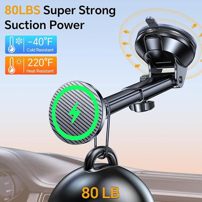 Coolpow for MagSafe Car Mount Charger【Ultra Magnet】 Magnetic Phone Holders for Your Car Charger【Windshield+Vent+Dash】 Magnetic Wireless Car Phone Holder Charger Car Mount for iPhone 17 (Carbon Fiber)