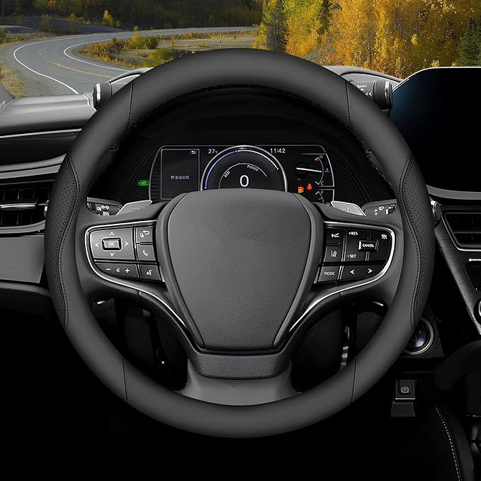 Steering Wheel Cover Universal Standard Size 14.5-15 inch, Non-Folding Packaging, Microfiber Leather, Anti-Slip, Soft Grip, Sporty Design, Fits for Cars SUVs Trucks, Black