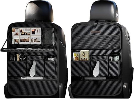 XDV Car Seat Organizers,Multi-functional Back Seat Protectors, Storage Pouches, and Tray Holders (for Cars, Kids, Seat Back and Rear Seats) (Carbon Fiber, 2 Pcs)