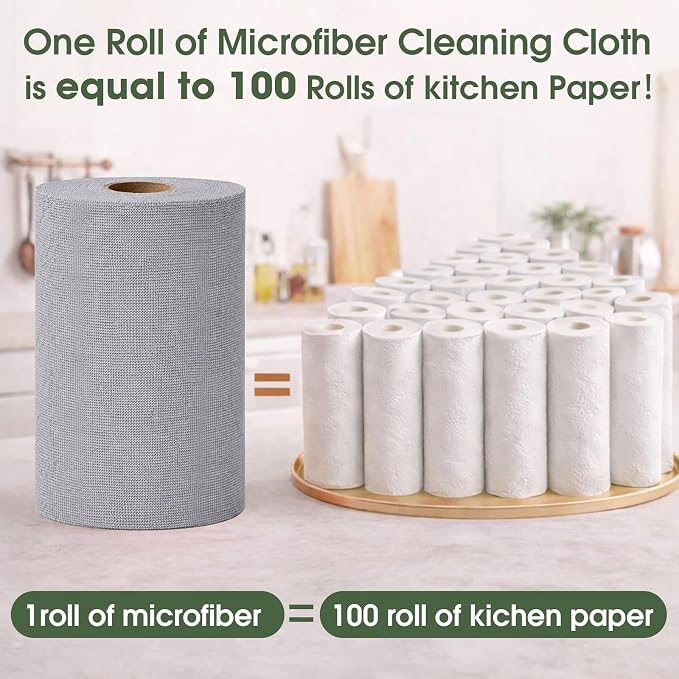 Microfiber Cleaning Cloth Roll - 100 Pack Tear Away Microfiber Paper Towels, Reusable, Washable, Scratch-Free, Kitchen Towels for Car, Home, Kitchen, Glass, Dishes(Cloud Gray)