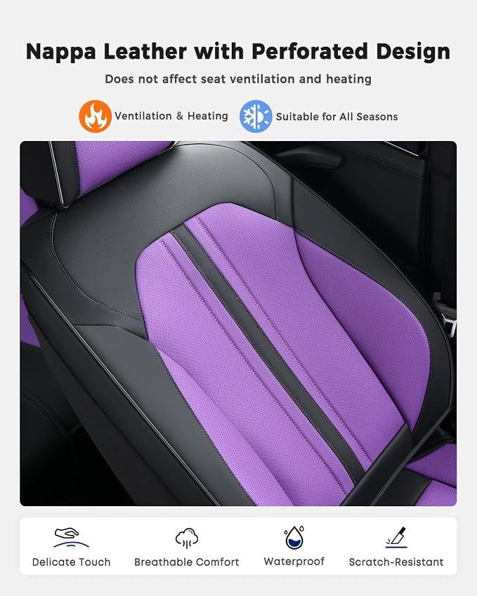 Huidasource Universal Car Seat Cover, Luxury Faux Leather Car Seat Cover Set Velcro Adjustable with Airbags, Thinning Design Perforation Cooling＆Heating Fit for Most Cars Vans Trucks SUVs Black&Purple