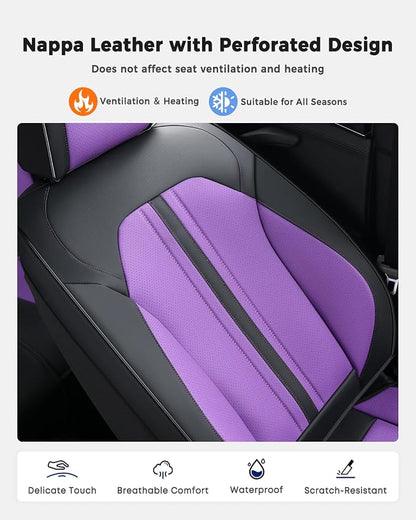 Huidasource Universal Car Seat Cover, Luxury Faux Leather Car Seat Cover Set Velcro Adjustable with Airbags, Thinning Design Perforation Cooling＆Heating Fit for Most Cars Vans Trucks SUVs Black&Purple