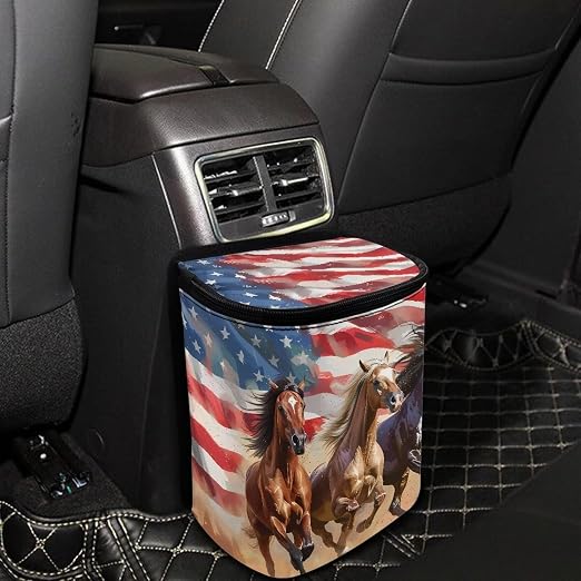 Talayituse Horse American Flag Print Car Trash Bin, Large Size Auto Trash Can Adjustable Portable Garbage Can with Lid, Vehicle Hanging Bag for Headrest Front Back Seat