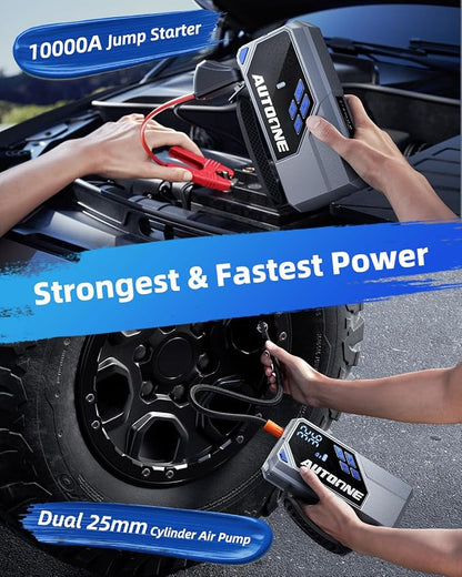 AUTOONE 10000A Jump Starter with Air Compressor, 24000mAh Jump Box with Tire Inflator (All Gas & Diesel) Portable Car Battery Booster Jumper Starter Pack, Jumper Cables, Type C, 60W Charging, Light