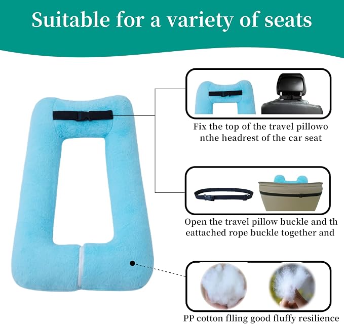 FHSGGP Travel Pillow Upgraded Version of Aircraft Travel Neck Pillow with Storage Bag, Sleep Pillows for Travel by Train, Car, or Plane, Supporting The Head and Body, Travel Pillow for Kids Blue