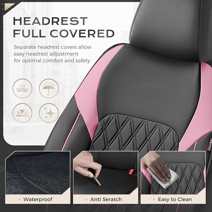 Coverado Leather Seat Covers, Waterproof Car Seat Covers Front Seats, Luxury Front Car Seat Covers Faux Leather Car Seat Protector, Automotive Car Seat Covers Universal Fit Most Cars Truck, Black&Pink