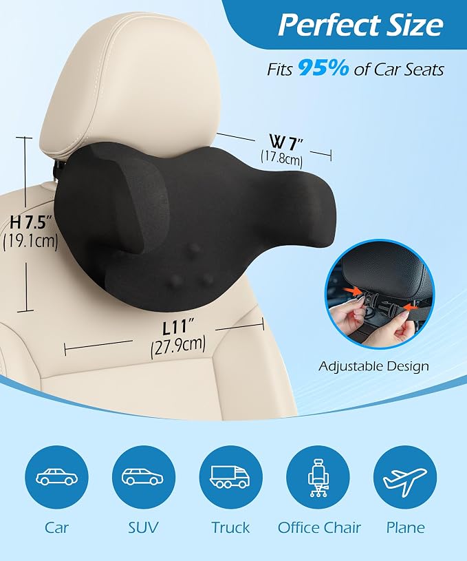 Lofty Aim Car Neck Pillow: 2 Pack Ergonomic Memory Foam Headrest Pillow for Driving, Adjustable Neck Support Cushion for Pain Relief, Head Rest Pillows for Car Seat, Truck - Black