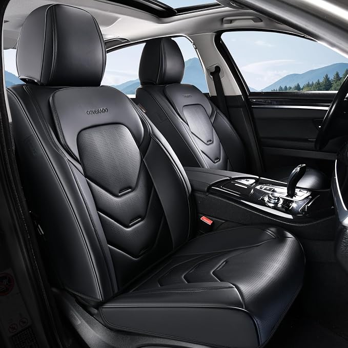 Coverado Front Seat Cover, 2 PCS Black Seat Cover for Cars, Leather Car Seat Cover, Waterproof Car Seat Protector, Automotive Seat Cover, Universal Car Seat Cushion Fit for Most Sedan SUV Truck