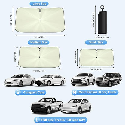 2026 Upgraded Windshield Sun Shade Umbrella [7-Layer Vinyl Coating Heat Shield] Foldable Front Window Sunshade Umbrella Flexible Handle Protect Interior from UV Keep Car Cooler (61" x 34.5")