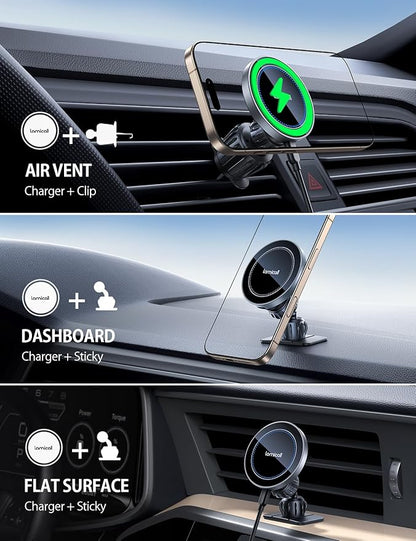 Lamicall 15W for MagSafe Car Mount Charger - [20X Strong Magnets] Wireless Car Phone Holder Charger, Magnetic Phone Holders for Car Vent Dash Accessories for Women Men for iPhone 17 Pro Max Silver