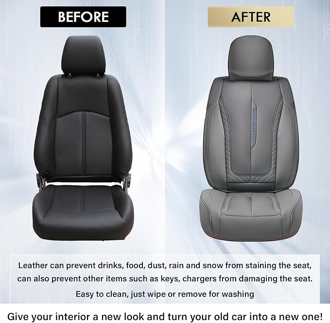 Coverado Car Seat Cover Full Set, Gray Seat Covers Front Seats Back Seat Covers, Nappa Leather Waterproof, Car Seat Cushion, Car Seat Protector Universal Fit Most Cars