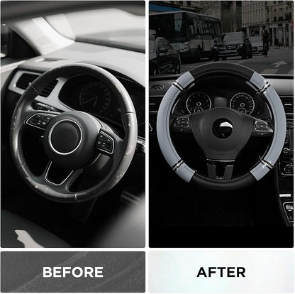 Road Comfort Leather Steering Wheel Cover – Premium Anti-Slip Car Steering Wheel Grip Cover – Universal Fit for 14.5”–15” Cars, Trucks & SUVs - Gray